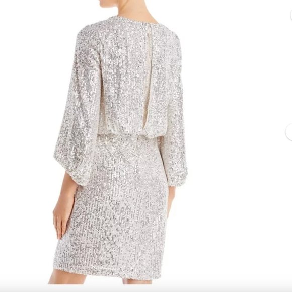 ELIZA J Silver Stretch Sequined Zip Blouson Sleeve Cocktail Blouson Dress Sz. 10 - Picture 4 of 11